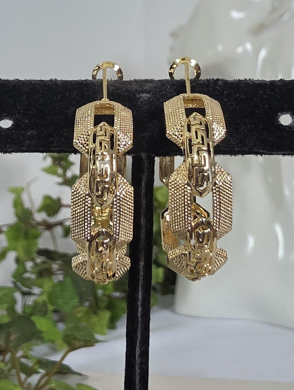 Gold Filled Greek Key Textured Link Hoop Earrings